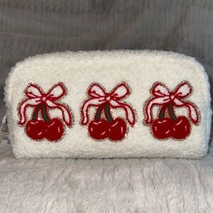 Gloss & Go White Sherpa Cherry Embroidered Pouch nwt